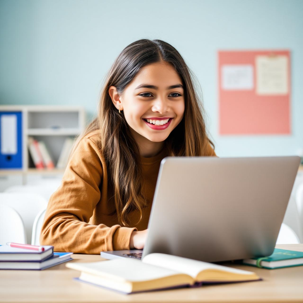 Student smiling while learning online